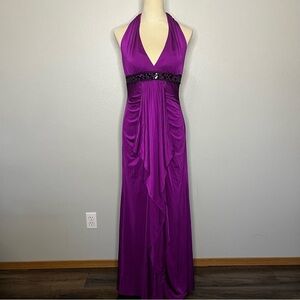 Adrianna Papell Boutique‎ Maxi Gown Dress 10 Purple Halter Bead Ruffle Formal